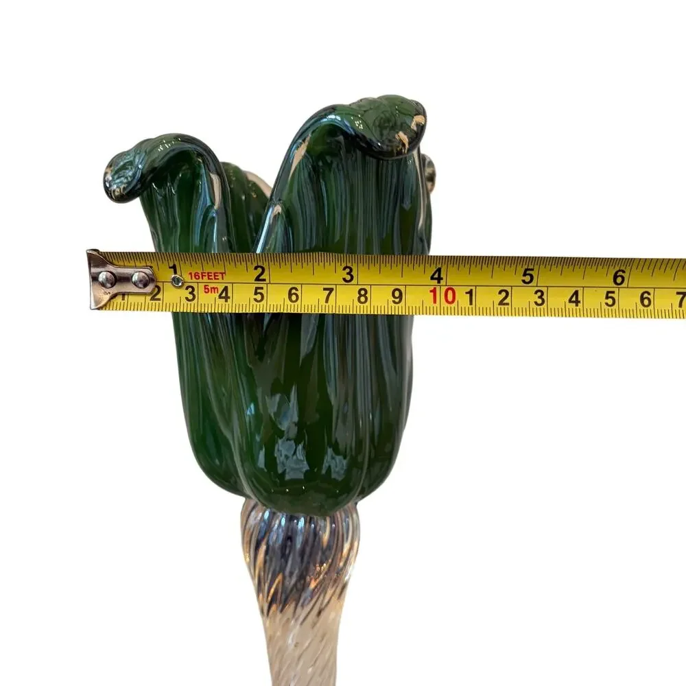 Italian Hand Blown Murano Art Glass Green Tulip Candle Holder Amber Stem 13